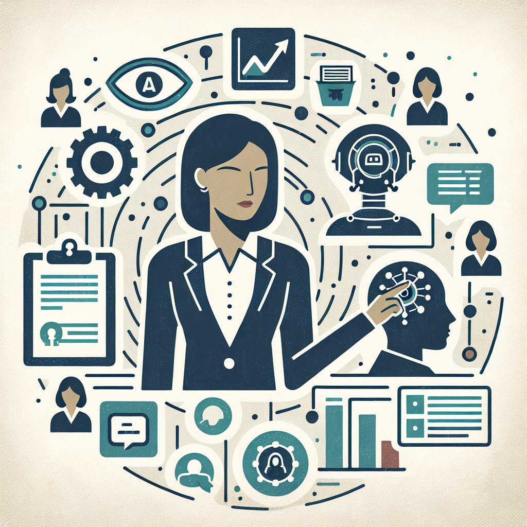 Create a 2D, flat, and corporate-styled vector illustration on a textured-less white background. In this artwork, display a Hispanic female professional interacting with an AI system in a modern office environment, surrounded by symbolic icons. These icons should contain documents signifying knowledge management, data-carrying graphs, and a digital interface to portray the involvement of technology. Use muted, sober colors to evoke a sense of professionalism and seriousness.