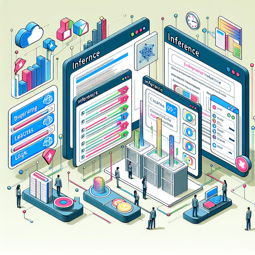 Create a 2D, linear perspective image that showcases the improved interface of Inference Endpoints. On October 11, 2024, the team announced a series of enhancements in the user interface and experience. This scene should depict the new features and clear error messages, with visual indicators representing the loading of logs and endpoint statuses. Style the vector art representation with corporate and flat aesthetics over a white, texture-less background. Use vibrant colors to highlight the improvements in the interface.
