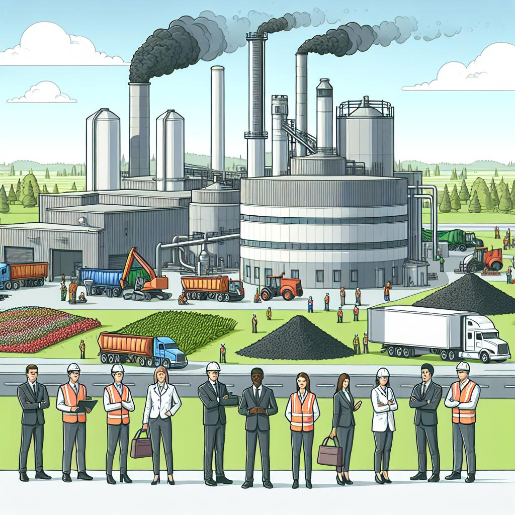 Picture an innovative industrial endeavor in Seattle where human organic waste is being transformed into fertilizer. This image symbolizes how nutrient recycling could aid in addressing future food scarcity and agricultural demands. Present a 2D, linear perspective scene of the Varcor plant, with processes converting waste into fertilizer happening in the background. On the foreground, we see engineers of different genders and descents like Caucasian, Hispanic, Black, Middle-Eastern, South Asian, White, monitoring the operation. The style should be vectorial, flat, and corporate, set against a white, texture-less background. Additional elements like trucks, representing the logistics of fertilizer distribution, and patches of healthy vegetation in the distant backdrop, are included to showcase the positive end-result of this technology.