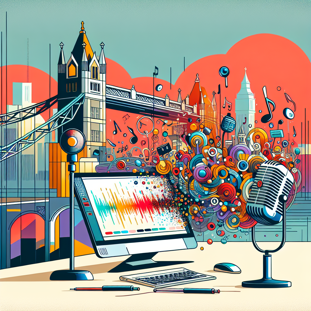 Create a vibrant, corporate, and flat-style 2D illustration in a linear perspective on a blank, untextured background. In the foreground, imagine a vintage microphone symbolizing the tradition of speech, along with a computer displaying the Cockney voice generator interface, representative of modern technology. Also floating nearby are musical notes suggesting the dialect's musicality. A stylized backdrop of East London is seen, highlighting the Big Ben and Tower Bridge as iconic landmarks. The palette is filled with bright colors reflecting the energy of the Cockney accent.