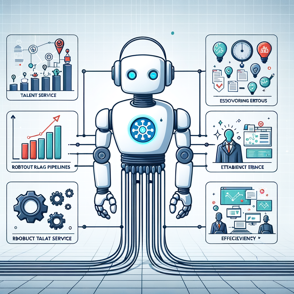 Depict a 2D, flat vector-style image giving a corporate theme with a white, textureless background. The image is to represent a joint venture of LyRise and Meta Llama 2 in improving talent service in AI. Show a robot, signifying the AI used by LyRise, establishing connections between candidates and companies, which denote the recruitment process. Incorporate visuals of data pipelines, embodying the robust RAG pipelines. Place efficiency graphs showcasing the reduction in hiring time. Also, add Open Source icons to denote the adoption of the Open Source software in their system