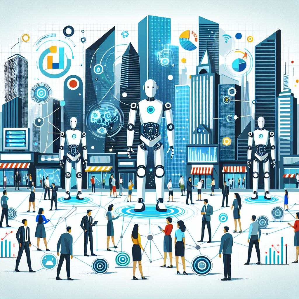 Visualize a futuristic city with smart robots interacting with a diverse group of humans, emphasizing the integration of technology in everyday life. The city is ultra-modern, with sleek skyscrapers, advanced transportation systems, and vibrant public spaces. Robots are of varying designs and sizes, each incorporating the nuances of advanced AI. The humans interacting with these robots are of different genders and descents, including Caucasian, Hispanic, Black, Middle-Eastern, South Asian. In the backdrop, create digital graphs representing the investment and growth in the AI sector. The style is flat, corporate vector and the image has a white, textureless background. Everything is depicted in 2D, linear perspective.