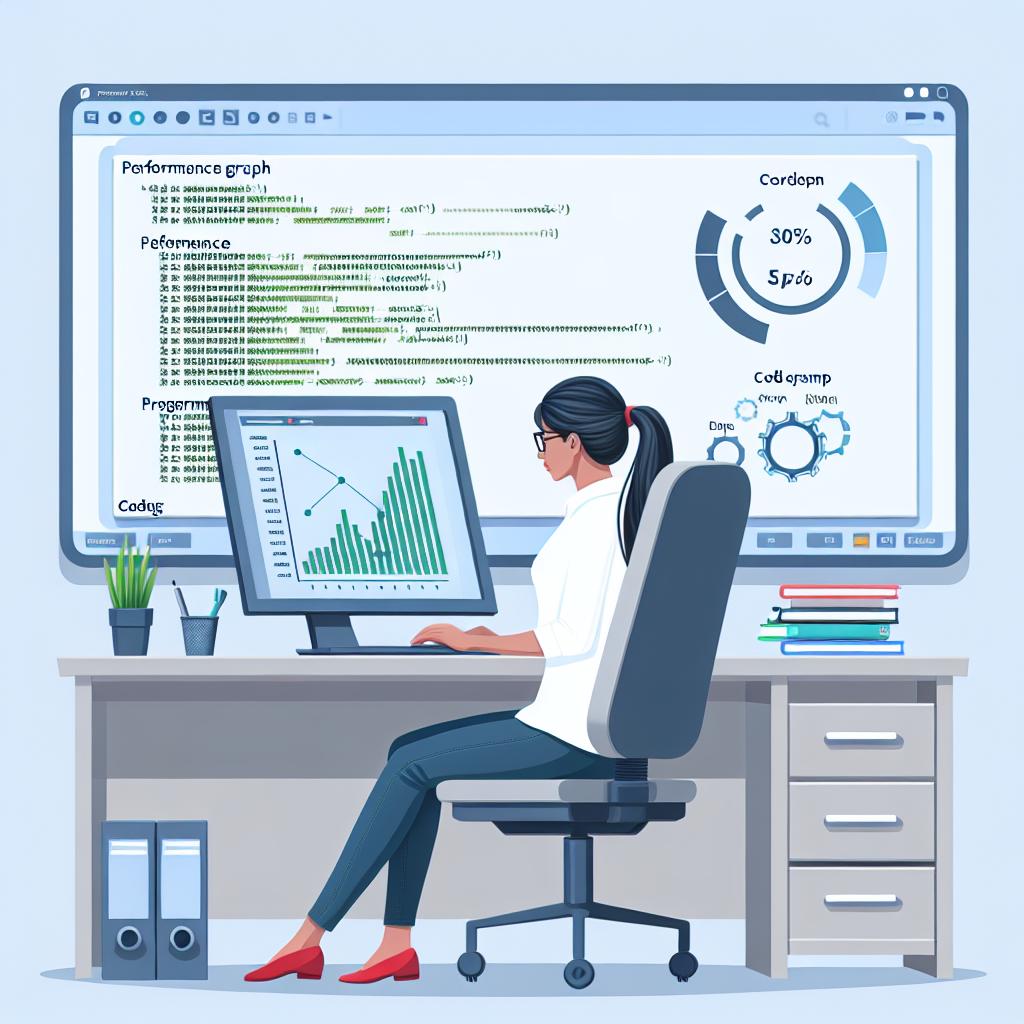 Create a flat, 2D corporate style image that displays a South Asian female developer using a programming tool on an integrated development environment. She's seated in an office setting, with performance graph visualizations visible on her screen, which represents the efficiency of the tool. The coding elements on the screen symbolize the tool's programming functionality. The entire scene is set against a white, texture-less background for a clear, crisp look.