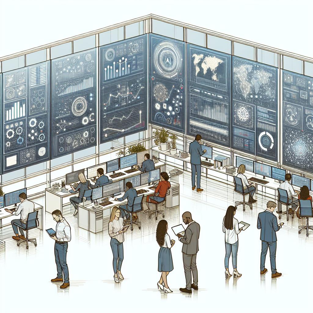 A detailed and dynamic view of a modern, 2D, corporate office environment, drawn in a flat, vector style. The scene portrays multicultural teams: a Caucasian woman, a Middle Eastern man, a Hispanic woman and a South Asian man are busy interacting with AI technologies. A few are huddled together in discussions in front of large, interactive screens which are displaying charts, figures, and data related to generative AI analysis. This bustling activity in the office space symbolises digital transformation and innovation. The background is untextured white, keeping the focus on busy office life and the complexity of data analysis on the screens.