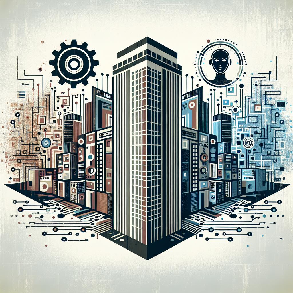 Create a symbolic flat 2D design on a plain white background that represent a conflict between traditional media and modern technology. Add an abstract depiction of a corporate building on the left side of the canvas to signify the media tradition. Use muted colors to signal the gravity of the subject. Set a central divide to illustrate the clashing interests. On the right side of the divide, add an icon of artificial intelligence to symbolize modernity and advancement in technology.
