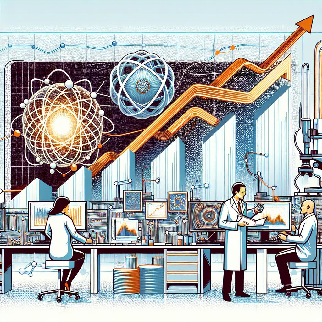 Create a 2D, vector-style, flat corporate image with a non-textured white background, depicting the advancements of Quantum Technology. The concepts should be symbolized by a series of intricately designed quantum circuits, scientists - a Caucasian woman and a South Asian man - working diligently in a highly technological laboratory, and soaring investment charts, which indicate the burgeoning investments in the quantum sphere. The image should maintain a balance between realism and conceptual representation, and the background should evoke a dynamic technological environment. The style should neither be overly detailed nor minimalistic, but must maintain a clear, vibrant depiction.