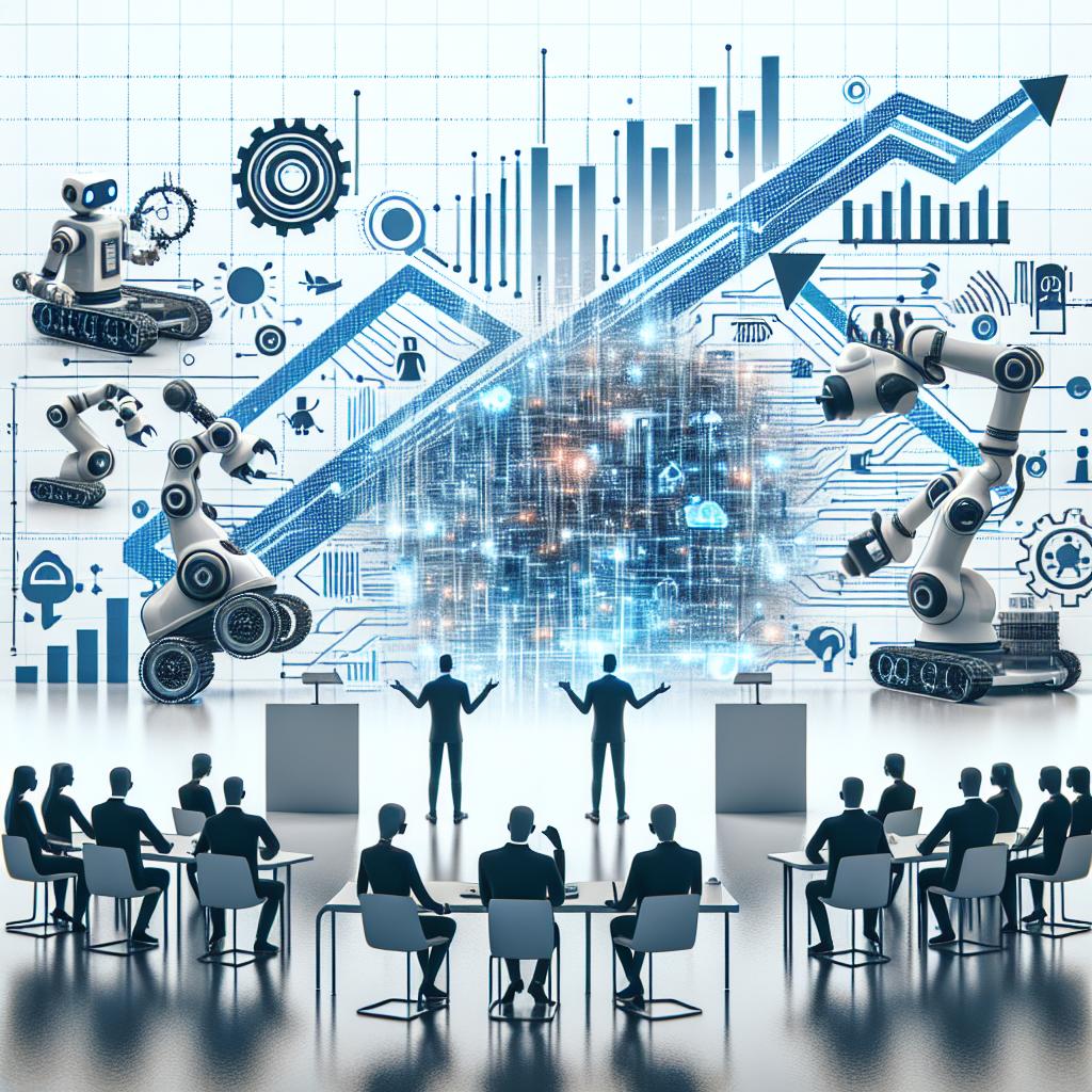 Create an image that showcases a transformative vision of the future as described during a tech conference in 2025. The image should portray the convergence of agentic AI and physical AI, demonstrating that in a decade, robots may surprise even the skeptics by creating new opportunities in a multimillion-dollar industry. Emphasize the integration of technology into everyday life by including scenes of robots working in both industrial and digital environments. Use a clean, white, untextured background for the image. The art style should be two-dimensional, with a linear perspective, designed in a corporate, flat, vector style, embodying forward-thinking and innovation. Additional elements to include are robots in action, which represent the potential of Physical AI in real scenarios, and growth charts symbolizing the expansion and evolution of the industry. The digital background should effectively communicate the concept of innovation and technology.