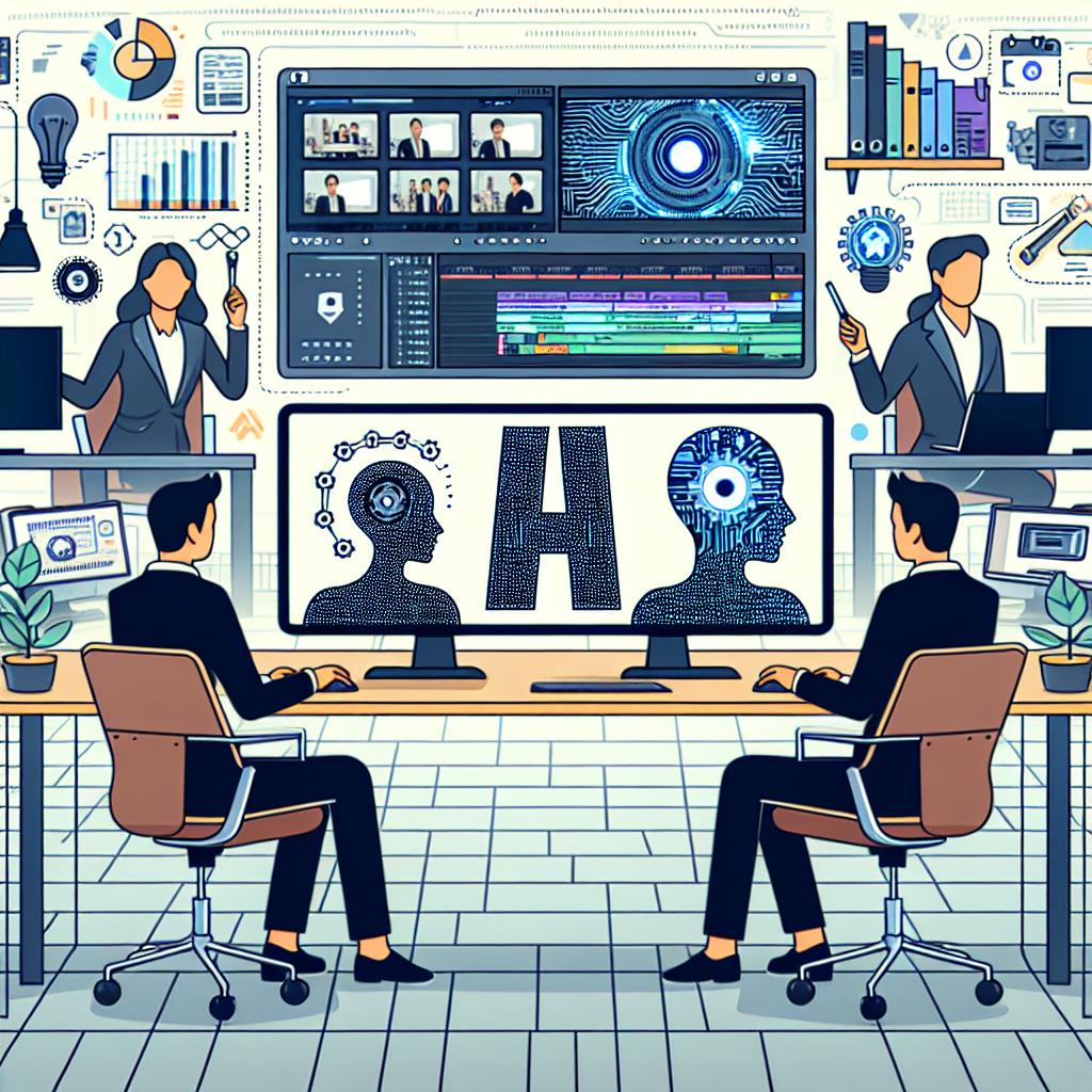 Generate an image in a Vectorial, Corporate, Flat style. The image should depict two nondescript professionals innovating in video editing with an Artificial Intelligence-based platform in a modern workspace. The setting should include computer screens displaying an anonymized video editing platform, graphic elements symbolizing AI at work. Additionally, the scene should convey a collaborative environment, with people contributing together, indicating online collaboration. All set against a clean, white, and texture-less background. Further enhance the image with vibrant colors to signify innovation and grab attention. The perspective should be 2D and linear.