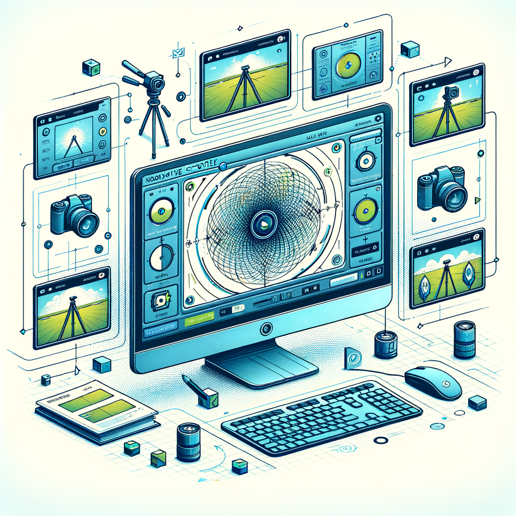 Create a 2D, flat, corporate-style, vector illustration on a white, textureless background. The image shows a computer screen representing the user interface of Stability AI's innovative Stable Video 4D model. On the screen, there is a video of a single object which is being transformed into multiple videos from new angles. Around the computer screen, display several frames, each one representing a different viewpoint produced by the model. Position small camera icons around each frame to hint at the change of camera angles. Use colors primarily in shades of blue and green to represent innovation and technology.
