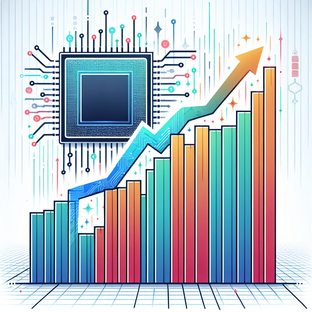 Please create an image with a flat, corporate, vector style. At the background, it should be white and free of textures with a 2D linear perspective. This image should depict a rising chart, symbolising the 16% increase in Arm Holdings' stocks following the revelation of their technological partnership in a major $500 billion AI project. Resting subtly behind this graph, a computer chip stands as the symbol of technology and innovation, accentuating Arm Holdings' role in this project. Please incorporate vibrant colours which represent optimism and growth in the technology sector.