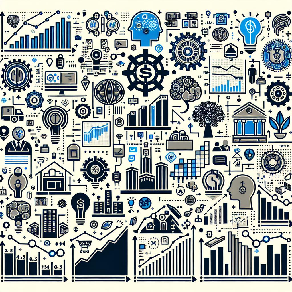 Generate a 2D image in a flat, corporate-inspired vectorial style set on plain white background. The image should visually depict the challenges and opportunities businesses face due to the growth of AI. Include various company icons symbolizing the diversity of market outcomes - some companies showcasing unexpected growth, while others face notable devaluation. Incorporate graphs of growth and decline to demonstrate the volatility in the stocks, and symbols of innovation to highlight the continuous need for adaptation.