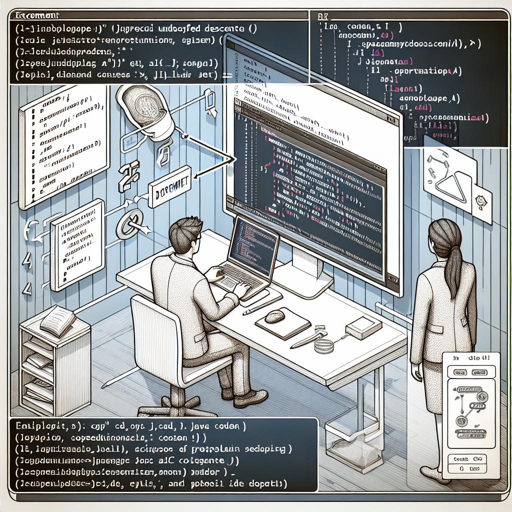 Create a 2D, linear perspective image in a corporate, flat vector style. The scene is set on a textureless white background. In this digital environment, depict the process of speech-to-text conversion using Java and AssemblyAI. Illustrate a developer of unspecified descent and gender coding in an Integrated Development Environment (IDE), with segments of code displayed on the screen. Additional elements include example codes highlighting the ease of use of the API, the development environment symbolizing the necessary configuration for the API's use, and notes and tips illustrating suggestions for best practices.