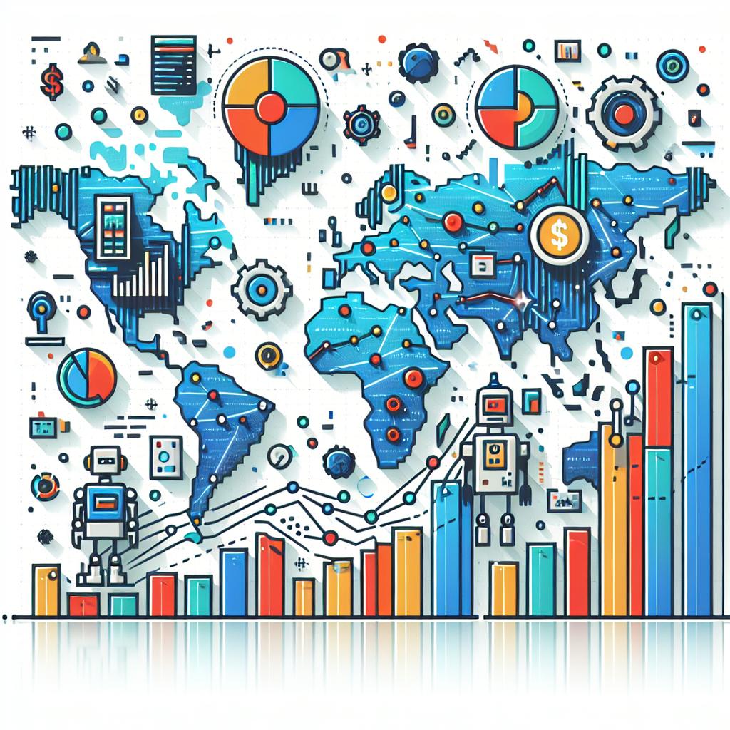 Create a flat, vector-style corporate image in 2-dimensional linear perspective. The background should be white and texture-less. The main representation is that of an investment in artificial intelligence. This can be symbolized by a global map as the backdrop, overlaid with ascending graphs to illustrate growth and progress in the sector. Add vibrant-colored icons of robots and various tech-inspired features, symbolizing innovation in AI. The vibrant colors of these items should attract attention and convey innovation. Please exclude all representations or references to specific public figures or politicians.