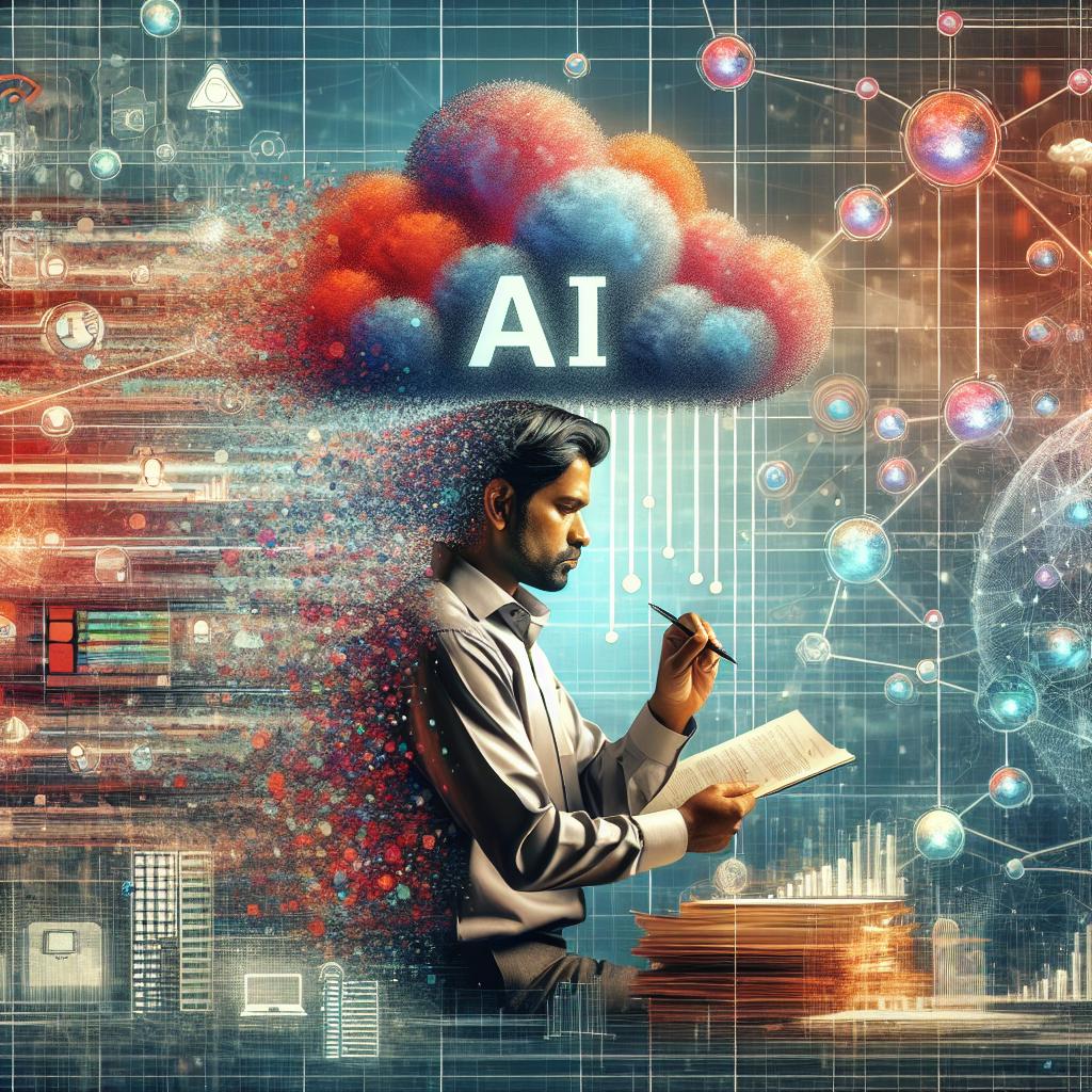 Visualize a 2D, flat and corporate style digital image with a backdrop of a textureless white background. The scene depicts a South Asian male network engineer engrossed in his work within a digital environment. He is surrounded by floating graphics and data, symbolizing the use of AI in telecommunication. The graphics and data exhibit vibrancy of colors, signifying innovation and technology fuelled by AI. This innovative technological revolution is a representation of a partnership between Vodafone and Google Cloud, leading to the transformation of network operations for optimized efficiency and cost-effectiveness.