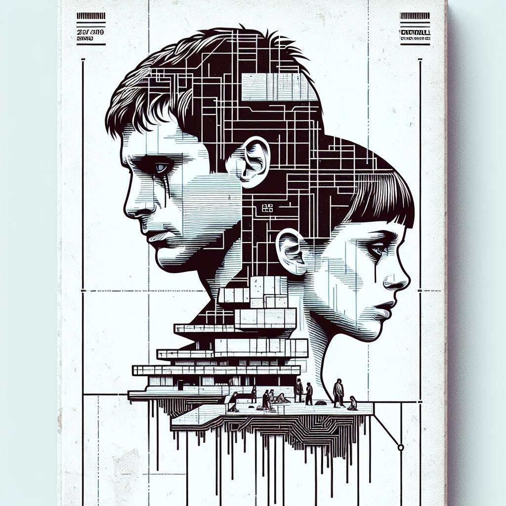Create a flat, corporate-style, vectorial image cover for the movie 'The Brutalist'. The background should be white and textureless. The main elements are a brutalist architectural backdrop and the faces of two main characters - one male and one female, showing emotional expressions. Please note that the characters should not resemble real-life actors, but instead, be fictitious and original characters. The title of the movie should be prominently displayed in bold, impactful letters. Additional graphics can include subtle technology-themed elements like circuit patterns.