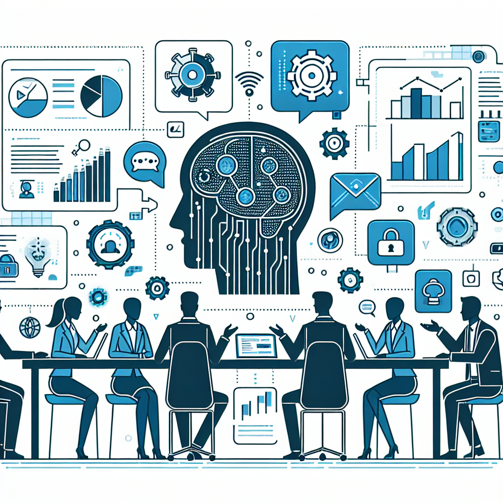 An illustration in a flat, corporate, and vector style showcasing the collaboration between two tech organizations. The setting is a modern corporate environment where technology professionals are engaged in a discussion about artificial intelligence. Additional elements include data charts symbolizing the analysis and insights generation through AI, and digital security icons to emphasize the focus on data privacy and security. The image is to be presented in linear 2D perspective against a white and texture-less background.
