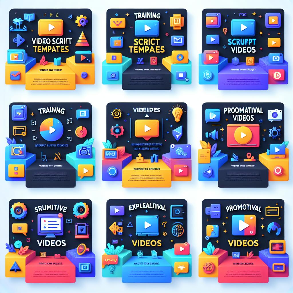 An image showcasing eight free video script templates across various categories such as training videos, explainer videos, and promotional videos. The image is designed in a modern and corporate style with vibrant colors that attract viewer attention. Each category is represented by a different icon. The perspective is 2D and linear, featuring a flat, vectorial design against a texture-free white background. Extra elements include video icons representing each video type mentioned, vivid colors to attract attention and offer a friendly aura. All text captions within the layout is written in a legible font.