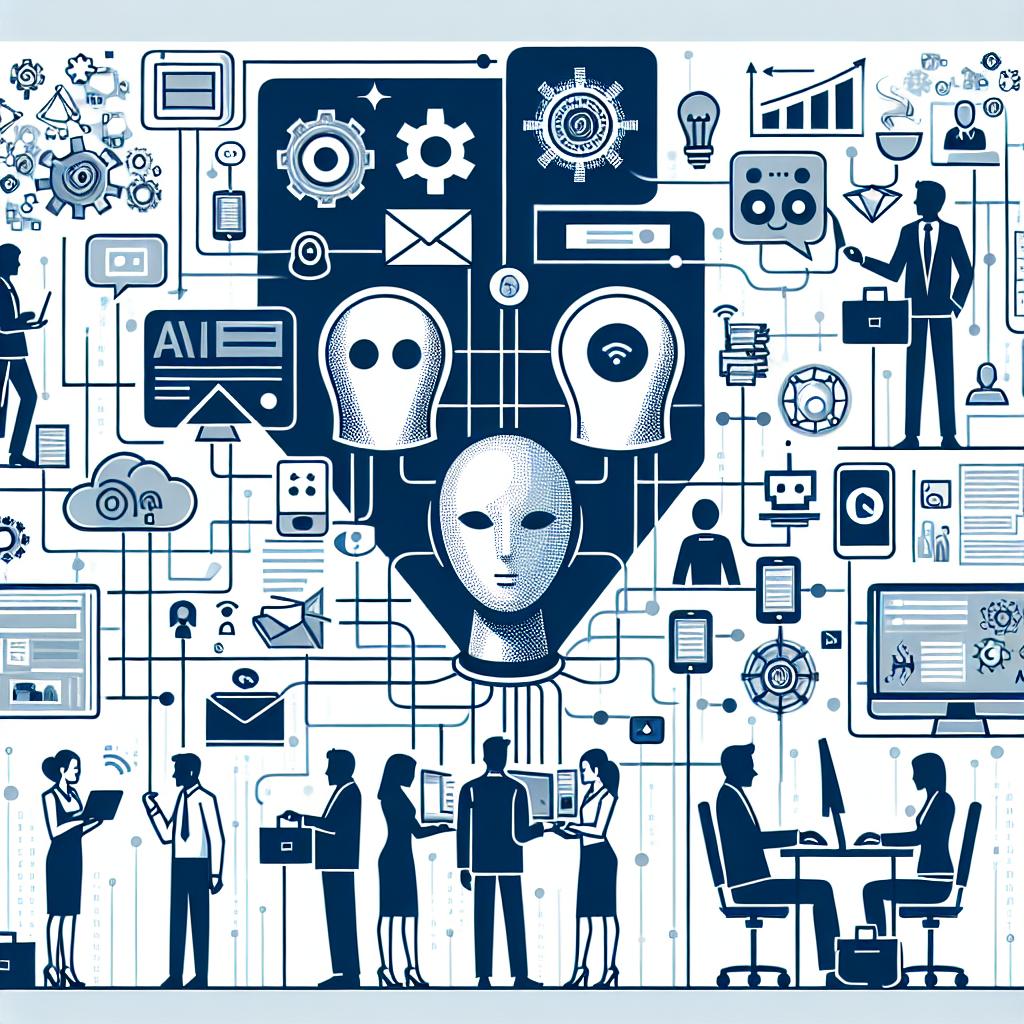 Create a linearly perspective 2D vector-style image, in a corporate, flat aesthetic. The background should be white and textureless. Show an interactive digital assistant engaging with users in both work and social environments, representing a new era of customer-business interaction. Depict daily work environments that illustrate the practical application of AI in everyday life. Incorporate symbols of technology such as digital icons representing the connectivity and innovation brought about by AI. Avoid including specific individuals or identifying brand symbols in the representation.
