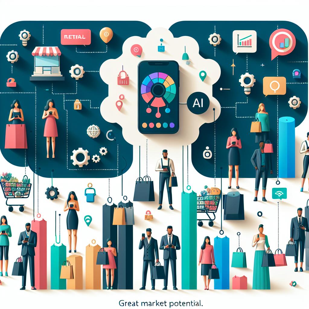 Create a 2D, flat-style corporate vector illustration with white and texture-less background, perfectly representing the application of artificial intelligence in retail. Some elements should include diverse customers of various genders and descents, illustrating the digitization of retail, using their mobile devices. Also, decorate the scene with growth charts symbolizing great market potential. Please, do not include the logos of Rezolve AI and Microsoft to honor policies. Bring a retail store environment into the foreground to provide context for the retail sector.