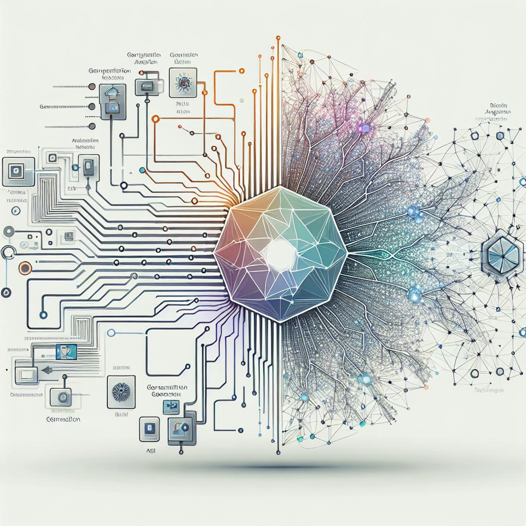 Visualize a futuristically composed 2D vector artwork utilizing flat and corporate style to represent the concept of Retrieval-Augmented Generation (RAG) in the evolution of generative artificial intelligence (GenAI). Set against a clean, textureless white backdrop, an intricate network of data connections signifies the real-time integration of data. These connections should be colorized in cold shades to symbolize technology and innovation. Additionally, the presence of graphical data elements should illustrate the transformation of data into useful information.