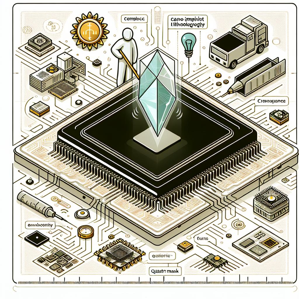Illustrate a 2D, linear, vectorial and flat style corporate image on a white, textureless background. Visualize a computer chip being produced using the latest Nanoimprint Lithography (NIL) technology. Highlight features such as energy efficiency and the use of resin. Add elements like the quartz mask, symbolizing the new printing technique, and a circuitry background that accentuates the technological nature of the subject.