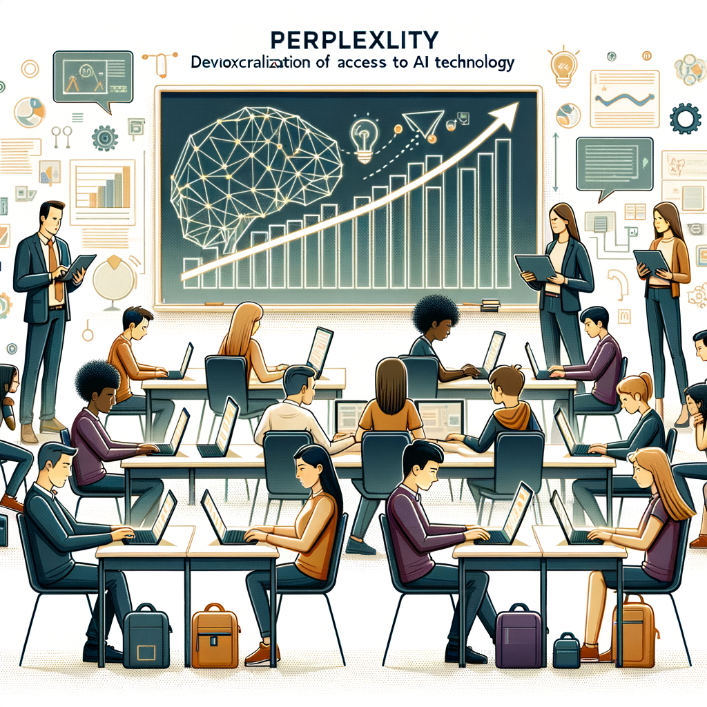 Illustrate an image that represents the democratization of access to AI technology by Perplexity. The modern classroom environment is filled with diverse students and teachers, representing different descents and genders, who are 13 years old and above. Everyone is engrossed in using laptops and tablets, all connected to the Perplexity platform. The teachers show the practical application of this advanced technology in the classroom. In the background, an ascending bar graph represents the positive impact of AI on education and the public sector. The image style is vectorial, flat, and corporate, with a 2D linear perspective on a white, textureless background. The Perplexity logo highlights the brand's contribution. Modern technological devices like laptops and tablets symbolize modernity and technological integration.