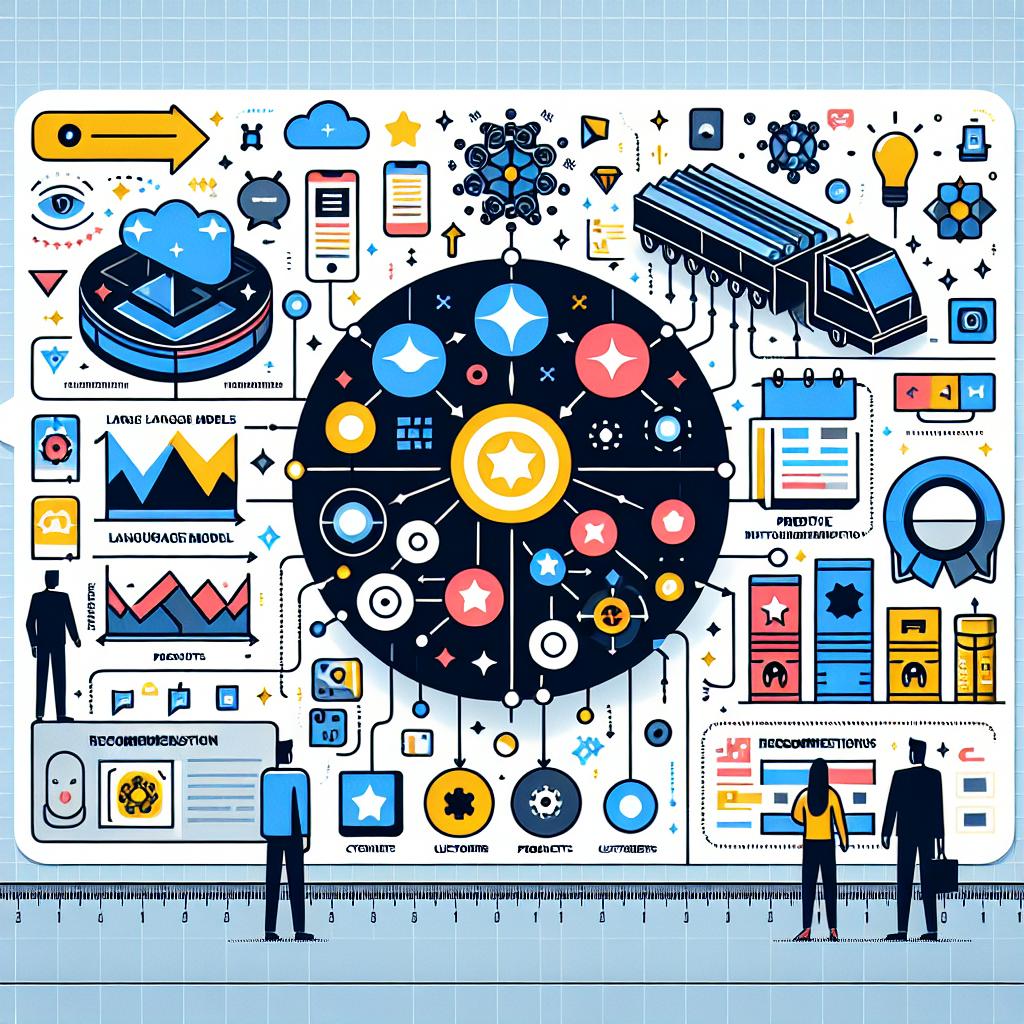 Generate an image that visually represents Kumo's recommendation system, known for its advanced artificial intelligence and predictive model designs. The image should depict Large language models and Graph transformers at the core, interacting with a variety of products and customers in a dynamic graph. The style is flat, corporate, and vector-based, viewed from a 2D, linear perspective, set against a plain, white background. Incorporate graphics and icons representing a variety of products, and use dynamic arrows to symbolise data flow and information exchange.