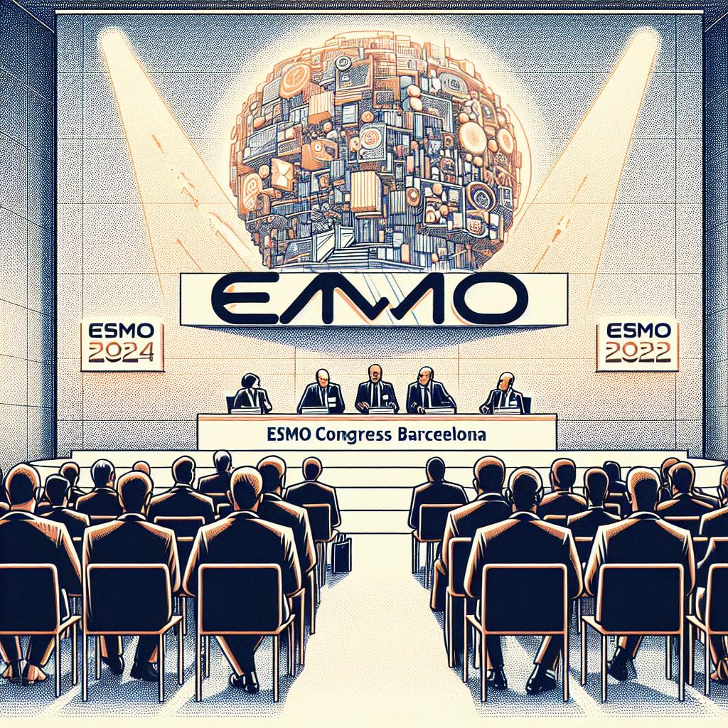 Create an image in a flat, corporate and vectorial style reminiscent of artworks predating 1912. But use a modern approach to illustrate the ESMO Congress 2024 held in Barcelona. It's a clean, 2D, linear perspective image on a white, textureless background. The scene contains a panel discussion among experts, signifying the collaboration in the field of medicine. To symbolize the importance of events like this in advancing medicine, portray an environment of a congress. To highlight innovation in the approach to cancer treatment, incorporate technological equipment. The experts on the panel are discussing the future of oncology and the impact of artificial intelligence.
