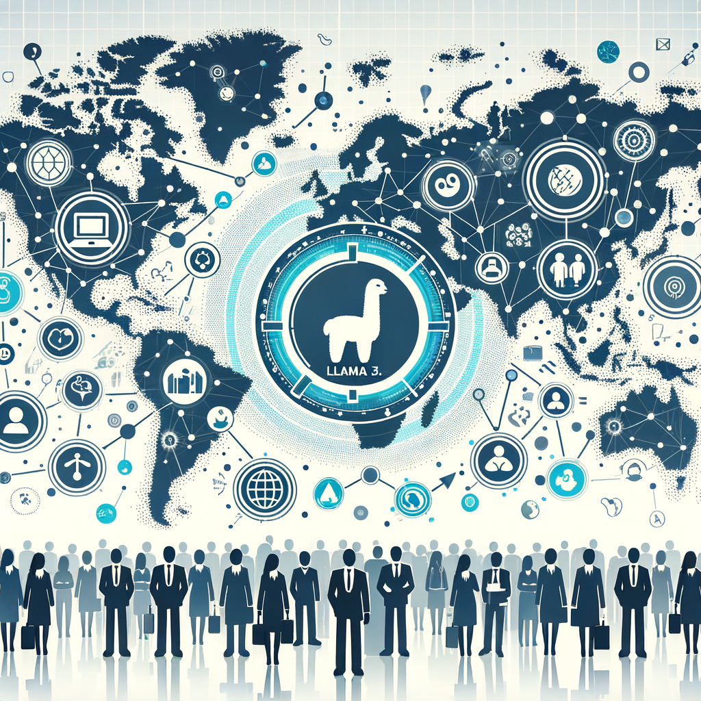 Generate a corporate-style, vector and flat 2D illustration with a white and texture-less background. The main visual should be a world map, signifying the global reach of an artificial intelligence programme known as Llama 3.1. There should be network connections across the map, symbolising collaboration and connectivity enabled by AI. Include distinct icons that represent education, health, and the environment - areas impacted by the projects. Add figures representing people from various cultures, including Caucasian, Hispanic, Black, Middle-Eastern, South Asian, and Asian descent, emphasising diversity and inclusion. Also include a logo indicating Llama 3.1 as the central technology of the programme. Leave ample space around the edges for text additions, but do not include any actual text content in the image itself.