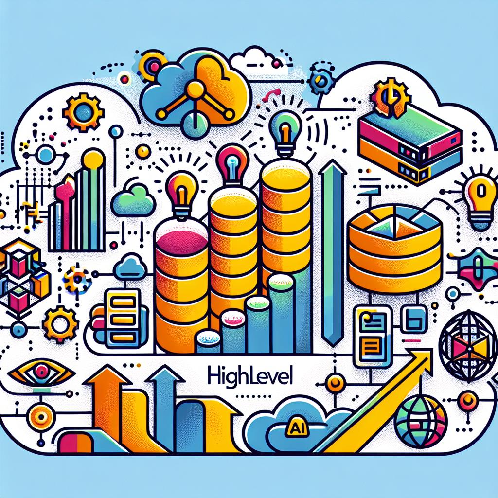Create a 2D, linear corporate-style illustration on a white and textureless background that represents HighLevel's technological innovation strategy. Please include vibrant color elements to convey innovation and dynamism. Focus on showing the company's evolution after migrating its database to Firestore, with the following elements: growth charts symbolizing increased productivity and scalability, cloud servers showcasing Firestore's infrastructure, and AI icons highlighting the importance of artificial intelligence to the business. The design should be in a vectorial and flat style.