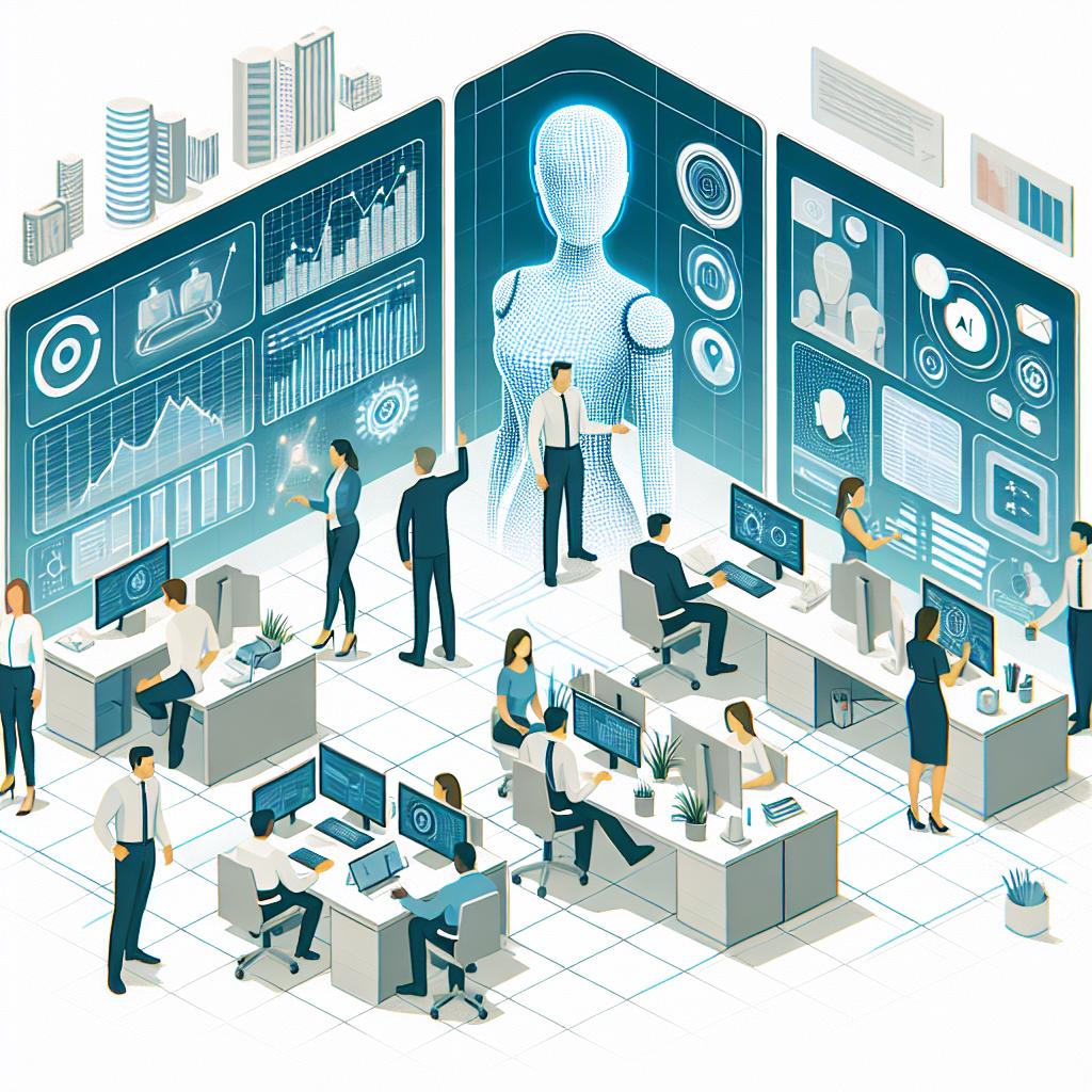 Create a 2D, linear perspective, vector image in a corporate flat design style. The scene is set in a modern office environment against a white, textureless background. Human collaborators of various descents and genders are seen interacting with their workstations, depicting the current dynamics of work. AI agents, symbolized as holograms, are making arrangements, scheduling meetings, and summarizing information in the background. This shows a harmonious integration of humans and technology. There are large screens with charts and data, representing the analysis and automation provided by AI. Use modern, vibrant colors for a sense of innovation and technology.