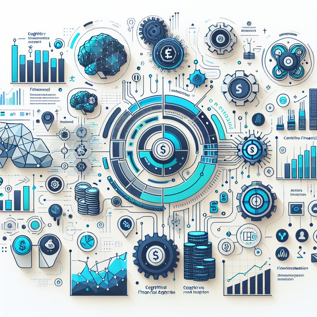 Generate a 2D, flat, corporate-style vector image on a plain white background. The main focus of the image should be a chart or diagram illustrating the evolution of Cognitive Financial Agents in the financial field, emphasizing their abilities and implications for the future of financial decisions. Additional elements to be included are graphs that display the progress and impact of these agents. The image should also incorporate cold color tones to convey a sense of innovation and technology, plus finance-related icons such as coins and graphs to accentuate the theme.