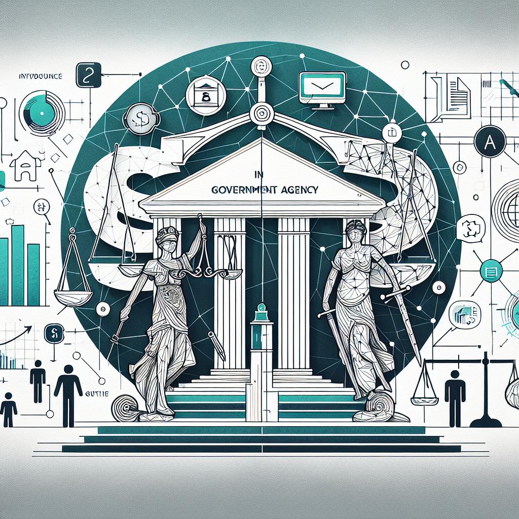 Title: Changes in Government Agency. Display a 2D, linear, vectorial and corporate style visual representation of the intersection between technology and governance on a white, texture-less background. Include technology icons intertwined with government elements, symbolizing a quest for efficiency. Additional elements to include are an icon of a dollar sign, illustrating financial economy and efficiency, an image of a balance scale to denote justice and balance in governmental practices, growth charts indicating the potential for improvement in economic efficiency, and elements of AI, highlighting the introduction of technology into the government for optimization.