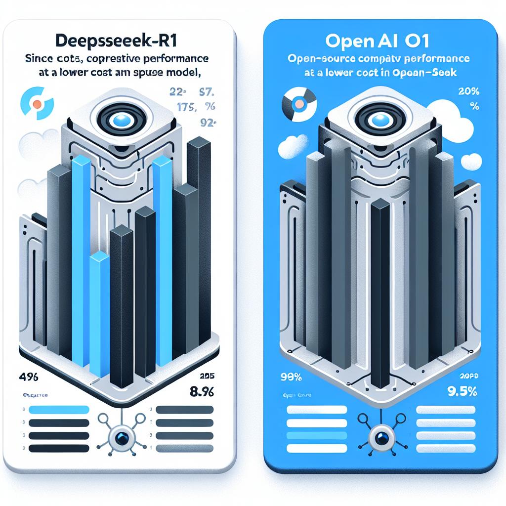 Visualize a two-dimensional, corporate style, vector illustration on a white background that compares the performance and costs of DeepSeek-R1, an open source model by a Chinese startup named DeepSeek, and OpenAI o1. The image should represent the significant advancement brought by the DeepSeek-R1 since its launch on January 20, 2025, boasting competitive performance at a lower cost than OpenAI o1. Include bar graphs that juxtapose these two models' costs and speeds. Use contrasting colors to clearly distinguish between the two models. Also incorporate open-source symbolism to denote the flexibility and accessibility of DeepSeek-R1.
