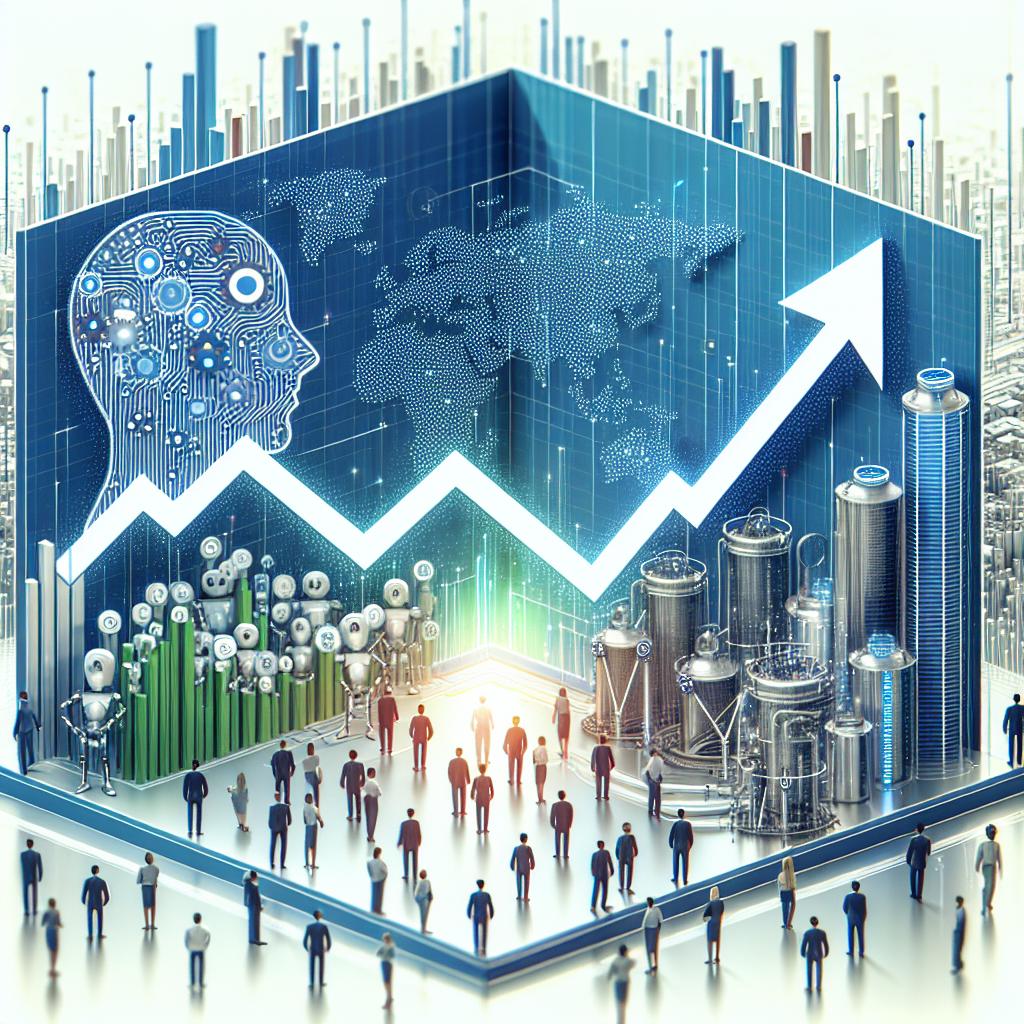 Create a corporate, flat design with a linear perspective illustrating the strategic partnership between two AI-focused companies. Render this image with a textureless white background complimented by the use of a secondary blue and green colored backdrop to denote innovation and technology. Include the logos of the two companies amalgamating to depict their union. Emphasize the industry's innovative technology by laying out a high-tech scenario. Highlight the expected growth via a rising graph. Show people of varied genders and descents working together, signifying teamwork within companies.