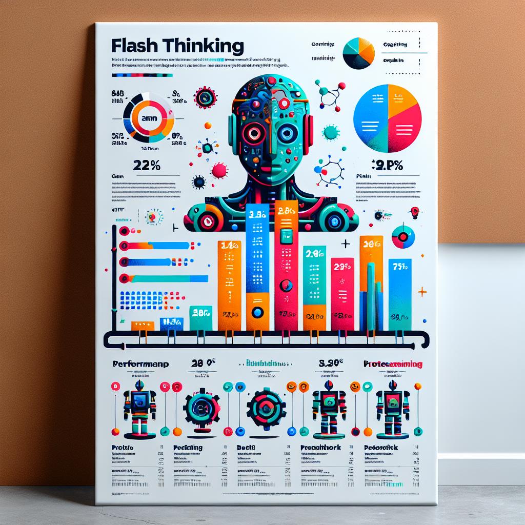 Create a 2D, flat-style, vector infographic on a white, textureless background. The infographic should show performance comparisons between the Gemini 2.0 Flash Thinking, a free artificial intelligence model by a leading tech company, and previous models from the same tech company, as well as models by different organizations, displaying benchmark metrics and processing capacities. It should include a vibrant bar graph to compare benchmark scores. This should be accompanied by an illustration of a robot, symbolizing the evolution of AI. Add splashes of vibrant color to attract attention and reflect innovation. Lastly, incorporate icons that represent accessible technology to symbolize the freeness of the Gemini 2.0 model.