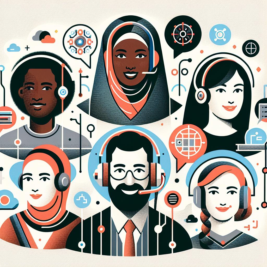 Show an illustration in a 2D, flat, vector-based corporate style. The image is set on a white, textureless background. In this image, there are characters from different cultures and accents such as a Middle-Eastern woman wearing a hijab, a Black man with an afro, a Caucasian woman with a bob, an East Asian man with a goatee, and a South Asian woman with a braid. Each of the characters is around a symbolic AI element, like circuit patterns or digital-themed clouds. Together they symbolize the diversity and personalization potential of AI in audiobooks. The characters are seen with headphones on, and there are icons of books floating around to symbolize the transformation of traditional reading to audiobooks.