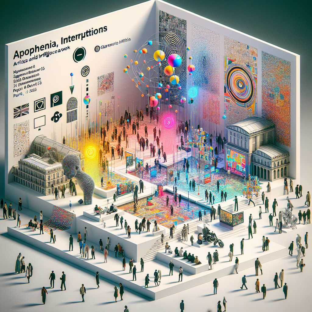 Envisage an image in a white, textureless background, showcasing an interactive art installation set in Paris. This installation is part of an exhibition named 'Apophenia, Interruptions: Artists and Artificial Intelligence at Work', happening from September 25 to January 6, 2025. The setup is a union of digital art elements and artificial intelligence projections, symbolizing the amalgamation of technology and creativity. In the background, a diverse crowd composed of multiple genders and races is engaged with the artwork, representing public interaction. The image is adorned with vibrant colors to signify the exhibition's energy and innovation, topped with abstract elements to mirror the experimental nature of contemporary art. Logos related to the generic art institutions, not named, provide context to the exhibition.