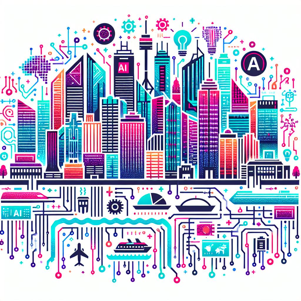 Create a 2D linear perspective image in a flat corporate vector style. Set on a white, textureless background, depict a vibrant skyline of Sydney, Australia being a major hub for Artificial Intelligence (AI). Including almost half of Australia's AI companies and driving significant innovations in the sector, make sure this cityscape is filled with technology and AI symbols. The symbols should be vibrant, reflecting the energy and dynamism of the sector, and designed in the form of circuits to symbolize technology and innovation.