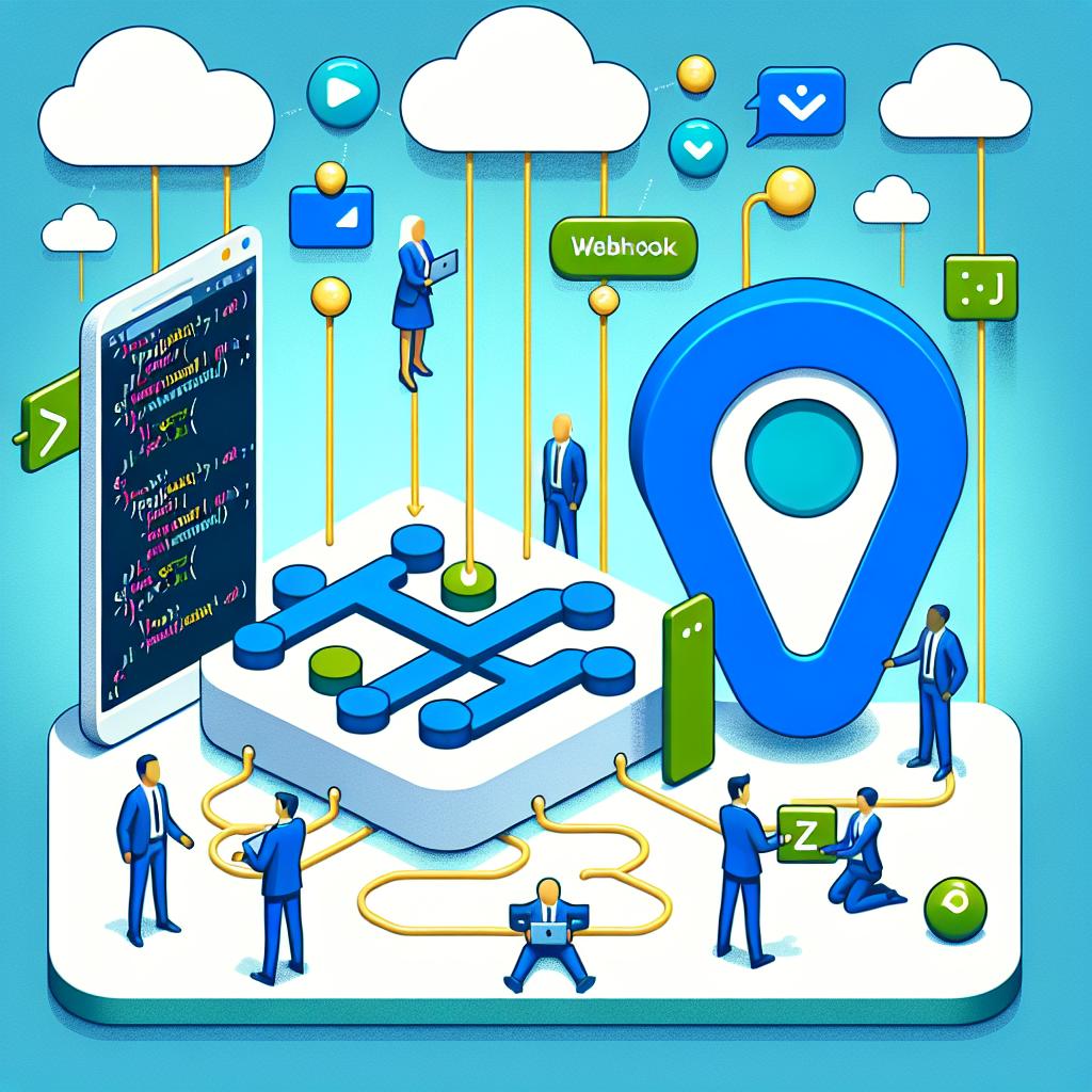 Visualize a 2D, flat-style, corporate-themed illustration which takes place on a texture-less white background. In the center, envision a large Javascript framework represented with HTML code elements connected to a webhook tool, symbolizing the integration of open-source KaibanJS with Zapier. On the sides of these main elements, imagine several smaller AI agents interacting with the framework and the tool, symbolizing them working together to optimize workflows. Use vibrant shades of blue and green to convey modernity and innovation.