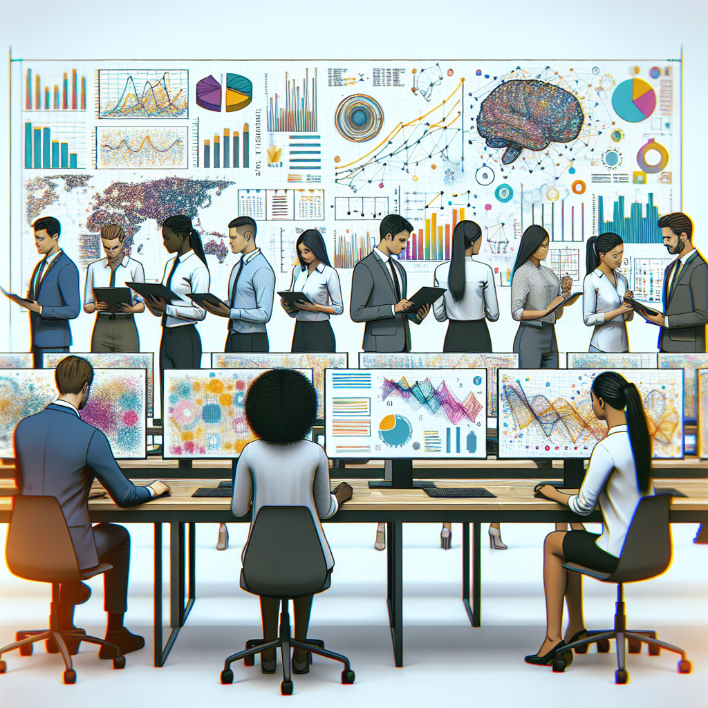 Visualize a 2D, flat-styled, corporate image on an untextured white background. In this image, a diverse team of technological professionals, including a Hispanic male data analyst, a Black female AI engineer, a Caucasian male statistician, and a South Asian female computer scientist, are gathered around modern computers. They are deeply analyzing colorful graphs and data displayed on their screens. Behind them, a large whiteboard is filled with mathematical equations and diagrams, symbolizing symbolic reasoning and generative AI. The picture depicts a state-of-the-art office environment, reflecting an innovative workplace, where real-time data analysis is carried out.