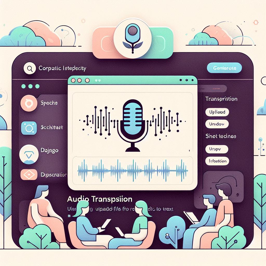 Generate an illustration in a corporate, flat, and vector style. The image should be in a 2D, linear perspective with a white and textureless background. The picture being depicted is a screenshot of a Django web application in operation, with the key feature being audio transcription (Speech-to-Text) functionality, powered by AssemblyAI. Users can upload audio files for transcription, and the application provides instant feedback on the transcription process. Include a friendly user interface to highlight the app's ease of use, signified by an audio icon representing the audio upload function. Soft colors should be used to foster a sense of calmness and clarity when viewing the image.