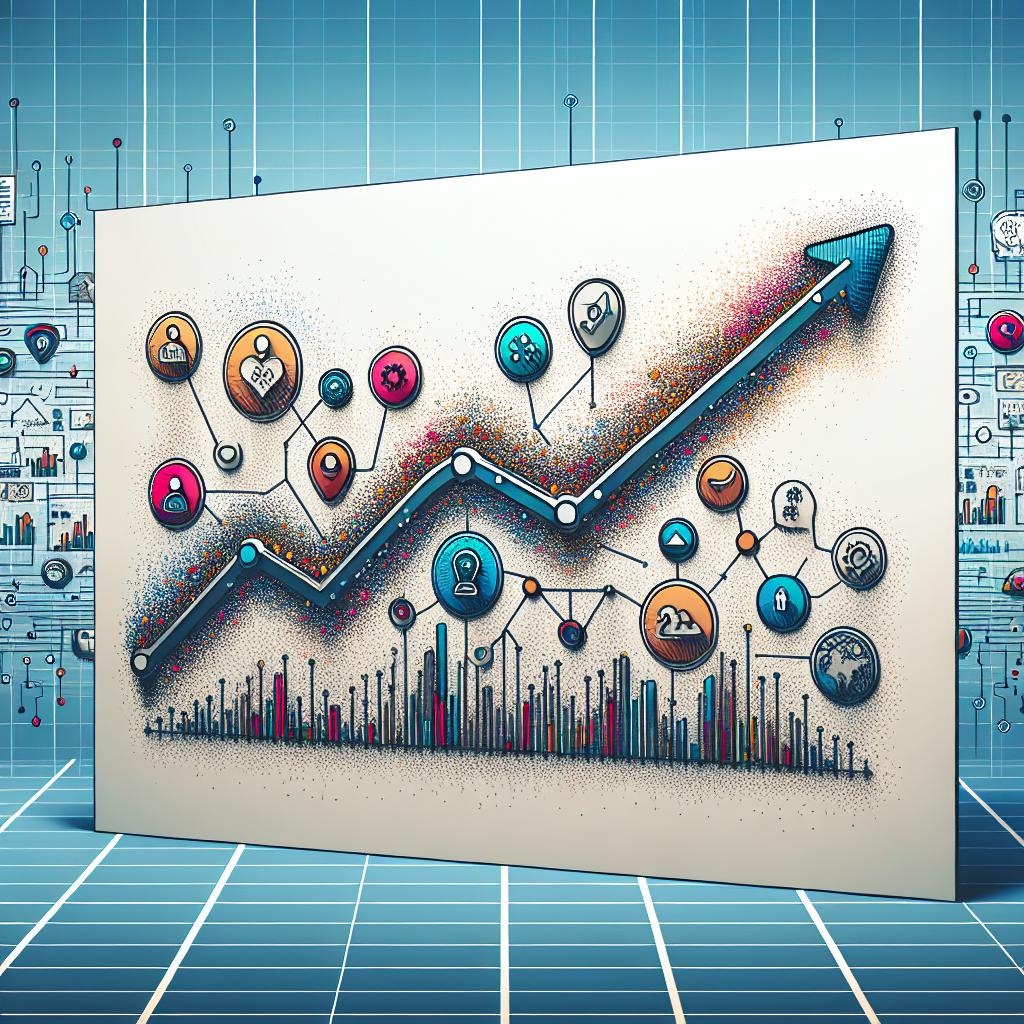 Imagine a 2D flat, vector style image with a corporate look. On a white and textureless background, include a dynamic line graph to represent the growth of AI adoption in businesses. The line graph should be designed with bright colors to symbolically convey innovation. Surrounding the graph, add different sectoral icons to indicate the diversity of AI applications. These icons should include symbols for sectors like health, finance, and technology. Additionally, consider a technological theme for the backdrop to reflect the subject of data analysis and intelligence.