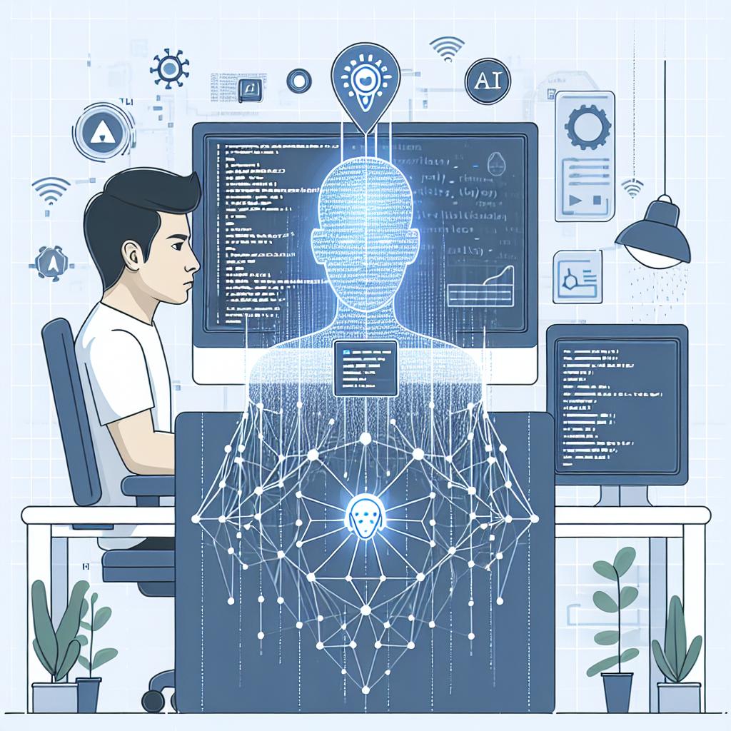 Illustrate a scene of a software developer immersed in a digital environment. The developer, a South Asian male, is enveloped by artificial intelligence elements and running codes, symbolizing the mesh of technology with the day to day development process. The image should be in 2D, linear perspective. Essential elements include lines of code on a monitor, representing the developer's main task, floating icons of AI to signify the presence of artificial intelligence in the process, a clean and sleek environment indicative of innovation and efficiency, and performance graphs implying productivity improvement. The background should be plain white and textureless. The style should be vector-based, flat, and corporate.