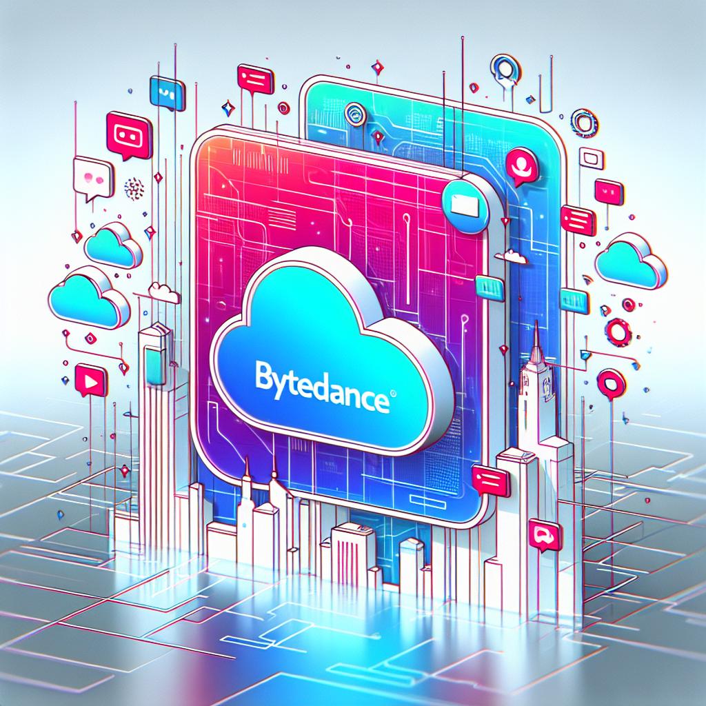 A 2D, linear perspective image in a flat, corporate style. The image presents a futuristic vision of ByteDance, depicting a vibrant neon-colored digital panel symbolizing technological creation and innovation. The digital panel features chat and video icons to symbolize the company's services and focus. In the background, flat silhouettes of city buildings represent the company's global impact. The image maintains a white, textureless background, giving a clean and modern aesthetic.