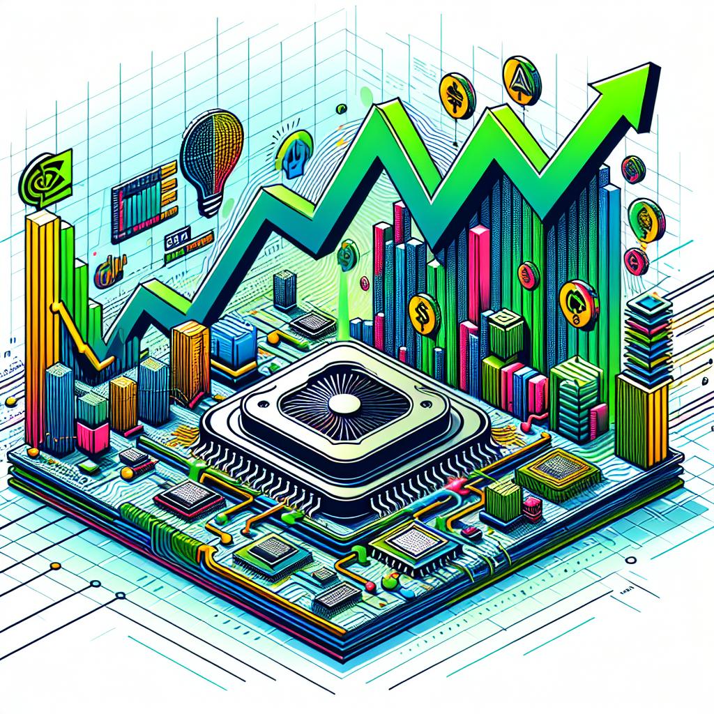 Create a 2D, linear perspective, vector-style, flat and corporate image with a texture-free white background. The image represents the rising market values of Nvidia and TSMC, driven by the growing demand in AI chips. In the composition, include an ascending line chart depicting the growing market values, with Nvidia reaching a market cap of $3.26 trillion and TSMC rising to $832.8 billion. For visual identification, incorporate the logos of Nvidia and TSMC. To symbolize the growing sector, integrate AI icons. Use vibrant colors to draw attention and emphasize the importance of the subject.