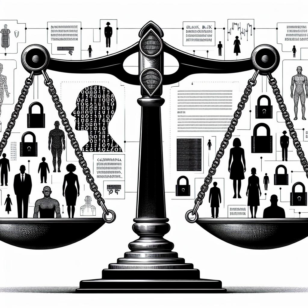 Create a detailed and corporate vector representation in a 2D, Linear perspective on a plain white background. The main element is a balance scale, representing the equilibrium between ethics and technology. On one side, depict binomial codes symbolizing personal data and its transformation. On the other side, illustrate silhouettes of diverse individuals, depicting people from various descents such as Caucasian, Hispanic, Black, Middle-Eastern, and South Asian, whose data are being utilized. Include locks in the scene as symbols of data security and privacy. This image reflects the complexity of modern consent, from Hippocratic Oath to the era of artificial intelligence.