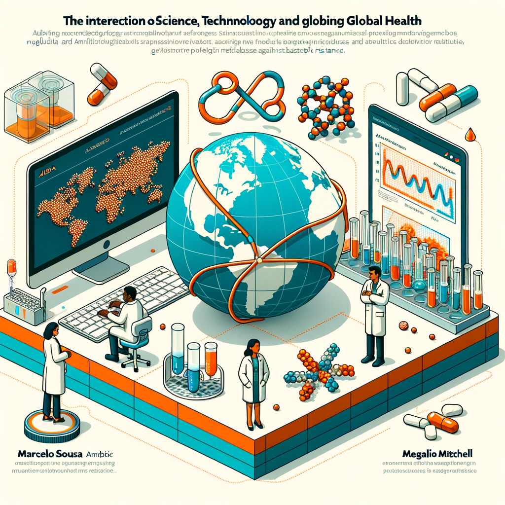 Create a 2D, vector-style illustration displaying the intersection of science, technology and global health. The image should have a clean, corporate, and flat design depicted from a linear perspective on a plain white background. Specific elements to include are an enzyme molecule symbolising the antibiotics resistance, a computer showcasing protein graphs representing AlphaFold's modelling capability, and images of antibiotic medications whose effectiveness is being jeopardised by bacterial resistance. In addition, depict two backstory-less researchers in a lab, one Hispanic woman and one Middle-Eastern man, to symbolise scientists Marcelo Sousa and Megan Mitchell's efforts against resistance. Lastly, create a world map highlighting areas impacted by antibiotics resistance to provide a global context.