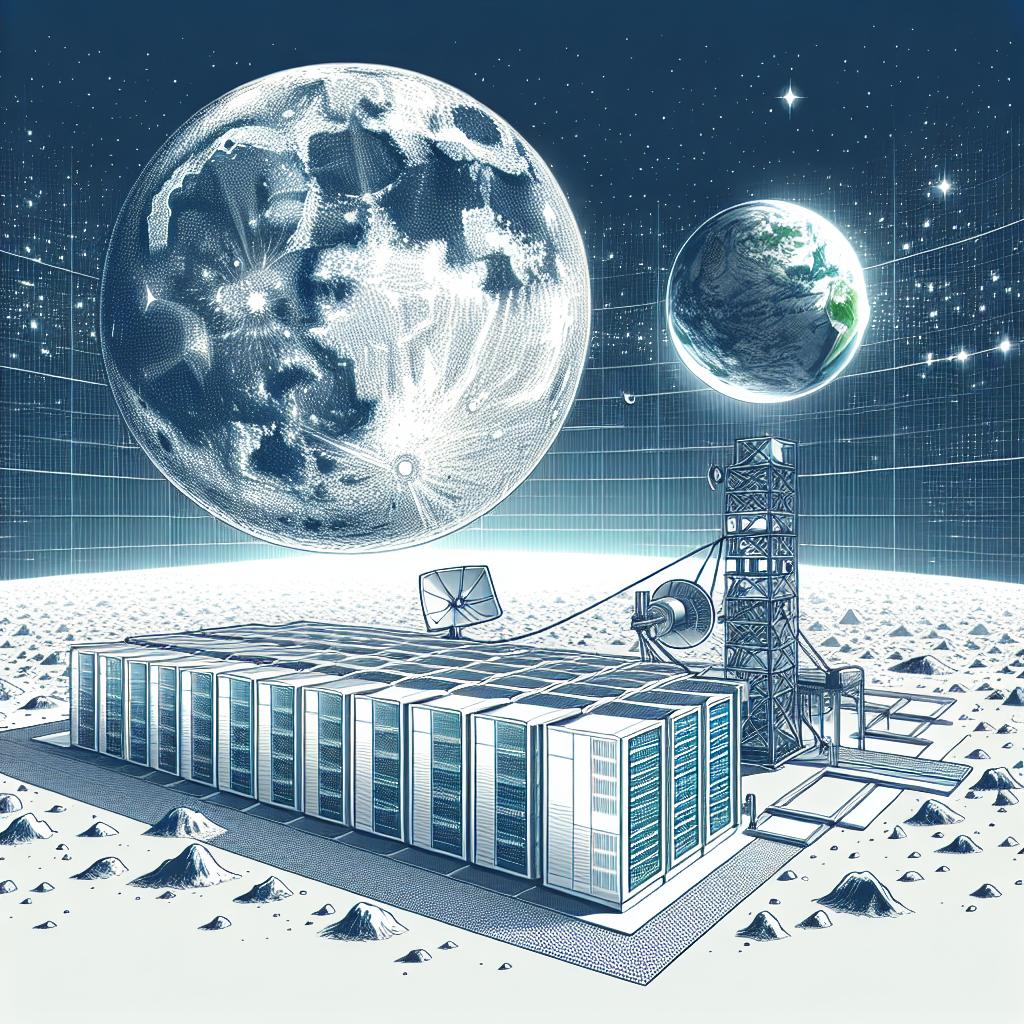 Visualize a 2D, linear perspective image in a flat, corporate, vectorial style. Imagine that Lonestar Data Holdings is on a test mission to establish a data center on the moon. This is an effort to protect valuable data and explore new possibilities for data autonomy in an environment less prone to natural disasters and wars. Capture an artistic representation of this futuristic, lit-up data center on the moon, connected to a satellite. The moon is illustrated with a detailed texture and visible craters. In the backdrop, you see Earth in shades of blue and green, symbolizing the connection between the two worlds. The image adheres to a cool color palette with variations of blue and white to evoke a sense of spatiality. The image background is white without any texture.