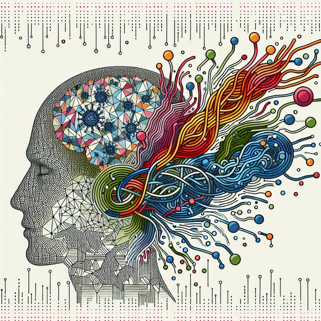 Create a 2D, linear, and corporate-style image that is devoid of texture and has a white background. The centerpiece of the image is an artistic representation of proteins forming, symbolizing the fusion of artificial intelligence and biotechnology. Interwoven in this are elements of neural networks, trimmed in vibrant colors to embody the innovation and energy of research. A figurative image of the human brain also appears subtly in the background to signify intellectual connection and creativity in science. This design is done in a vectored, flat style.